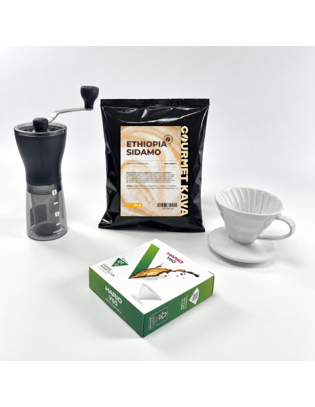 Balíček Hario V60 dripper – Etiopie Sidamo, mlýnek, dripper a filtry