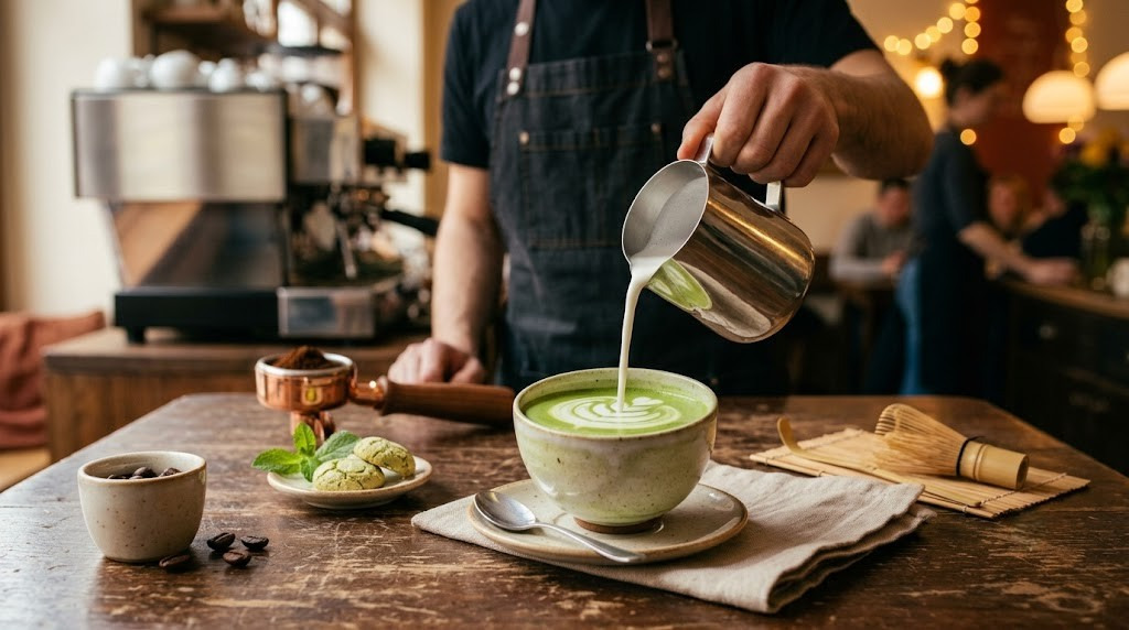 Příprava matcha latté